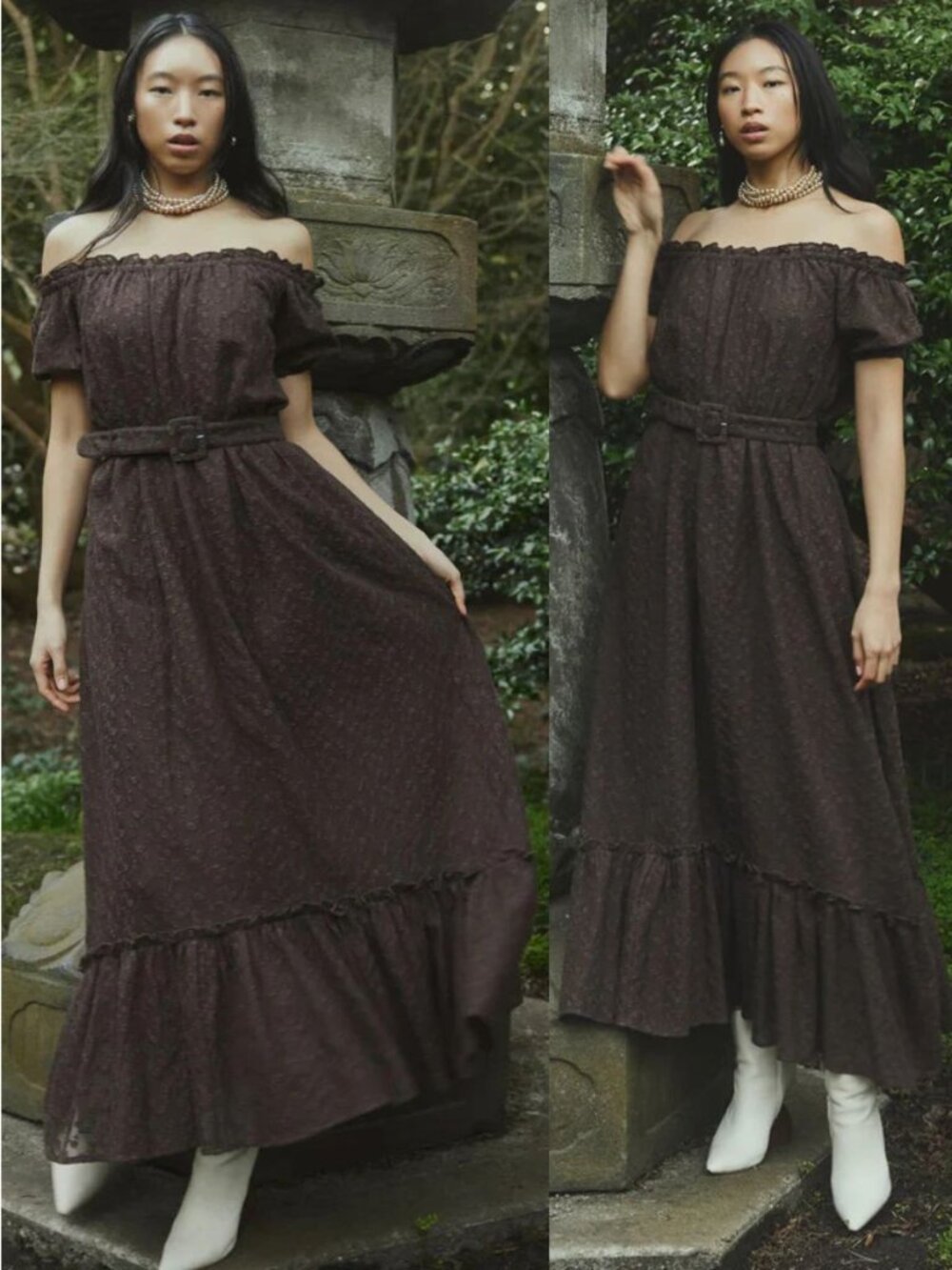 Eddy Luna Dress Chocolate Martini Brown Embroidered Floral Off Shoulder Maxi XS